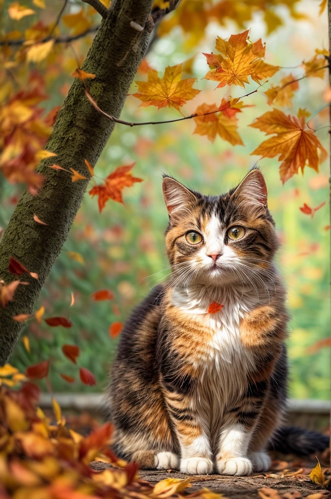 Create a realistic image of a cat sitting among the fallen leaves. The cat is a fluffy calico cat with a characteristic orange color, Black, and white spots. It's big, With expressive green eyes、I gaze curiously at the fluttering red maple leaves. The setting is a quiet garden, In a variety of reds, orange, And yellow leaves scattered around the cat, Eta、Overhead branches、There are still some installed. Sunlight passes through the leaves, Casting a mottled light on a serene environment.