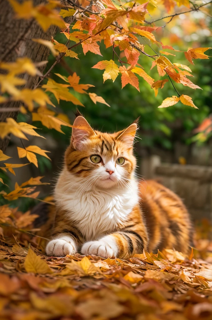 Create a realistic image of a cat sitting among the fallen leaves. The cat is a fluffy calico cat with a characteristic orange color, Black, and white spots. It's big, With expressive green eyes、I gaze curiously at the fluttering red maple leaves. The setting is a quiet garden, In a variety of reds, orange, And yellow leaves scattered around the cat, Eta、Overhead branches、There are still some installed. Sunlight passes through the leaves, Casting a mottled light on a serene environment.