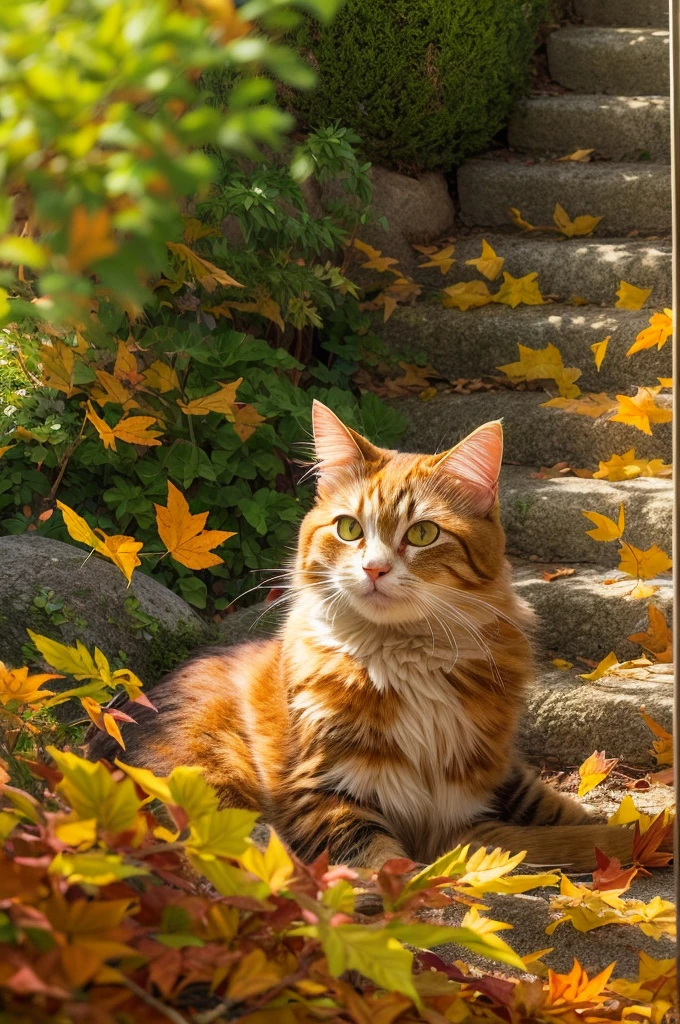 Create a realistic image of a cat sitting among the fallen leaves. The cat is a fluffy cat with a characteristic orange color, Black, and white spots. It's big, With expressive green eyes、Staring curiously at the fluttering red maple leaves. The setting is a quiet garden, In a variety of reds, orange, And yellow leaves scattered around the cat, Eta、Overhead Branch、There are still some installed. Sunlight passes through the leaves, Casting a mottled light on a serene environment.