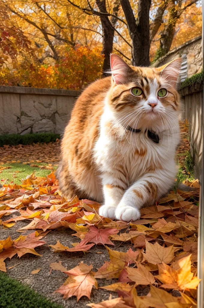 Create a realistic image of a cat sitting among the fallen leaves. The cat is a fluffy cat with a characteristic orange color, Black, and white spots. It's big, With expressive green eyes、I gaze curiously at the fluttering red maple leaves. The setting is a quiet garden, In a variety of reds, orange, And yellow leaves scattered around the cat, Eta、Overhead Branch、There are still some installed. Sunlight passes through the leaves, Casting a mottled light on a serene environment.
