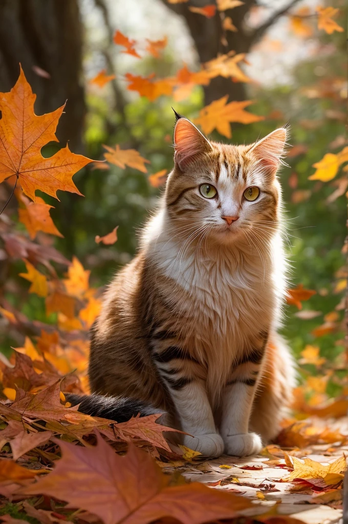 Create a realistic image of a cat sitting among the fallen leaves. The cat is a fluffy cat with a characteristic orange color, Black, and white spots. It's big, With expressive green eyes、I gaze curiously at the fluttering red maple leaves. The setting is a quiet garden, In a variety of reds, orange, And yellow leaves scattered around the cat, Eta、Overhead Branch、There are still some installed. Sunlight passes through the leaves, Casting a mottled light on a serene environment.