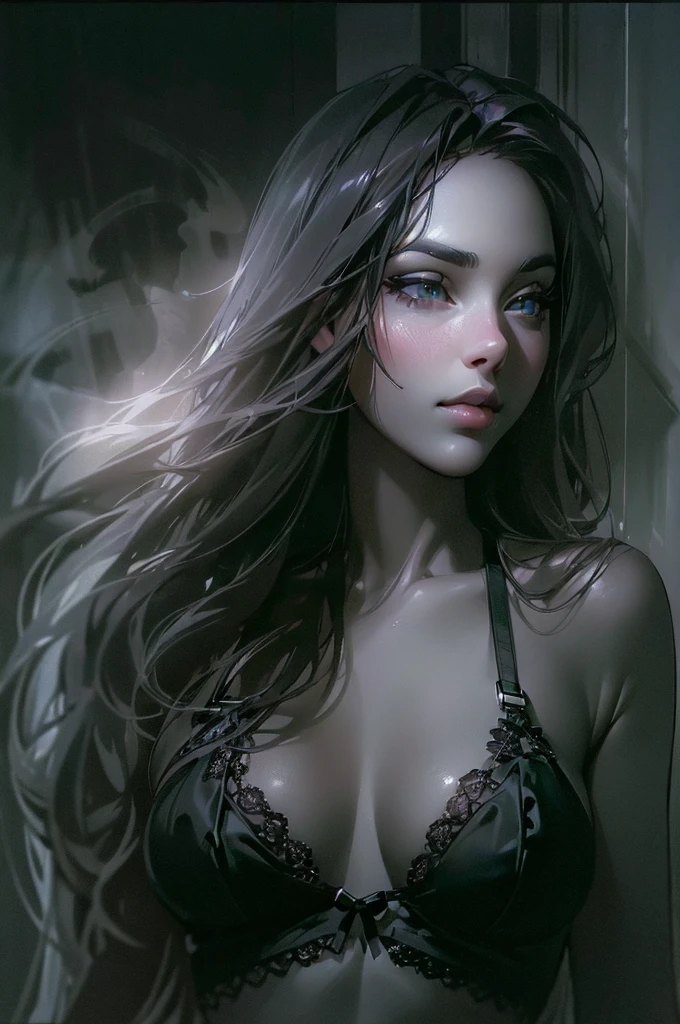 (best quality,photorealistic:1.37),black and white,sexy woman,long flowing hair,black lingerie,nightlight,mysterious mist,cheating,cuckold