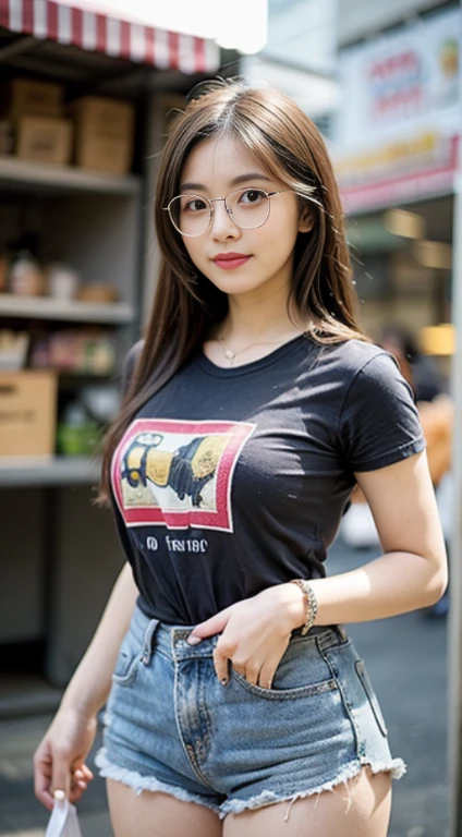 ((bestquality, 10, masterpiece: 1.3)), Fat Body Beauty: 1.4, Chinese Beauty, busty: 1.6, Rounded thighs: 1.6, long-haired, Highly detailed face and skin texture, delicate eyes, 二重まぶた, round face, thin lips, smile, Rich shape, Fair-skinned, (t-shirt, short pants: 1.6), standing pose, sexy, round glasses, Landscape background, (environment, road, market, Street food stalls,),