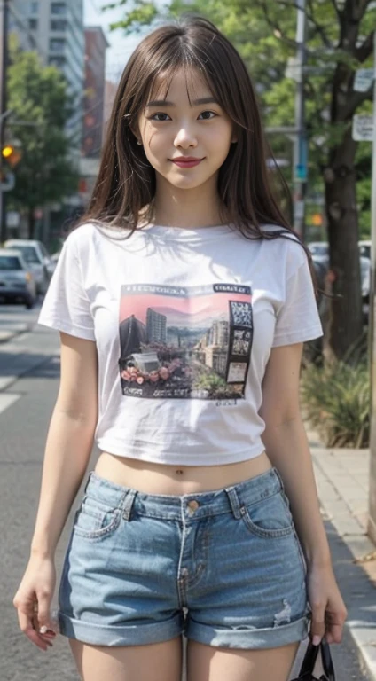 ((bestquality, 10, masterpiece: 1.3)), Fat Body Beauty: 1.4, Chinese Beauty, busty: 1.6, Rounded thighs: 1.6, long-haired, Highly detailed face and skin texture, delicate eyes, 二重まぶた, round face, thin lips, smile, Rich shape, Fair-skinned, (t-shirt,In the background of the shirt there is a message.."Chiang Mai", short pants: 1.6), standing pose, round glasses, (environment, in the city,Tokyo Metropolitan Area,japan,),