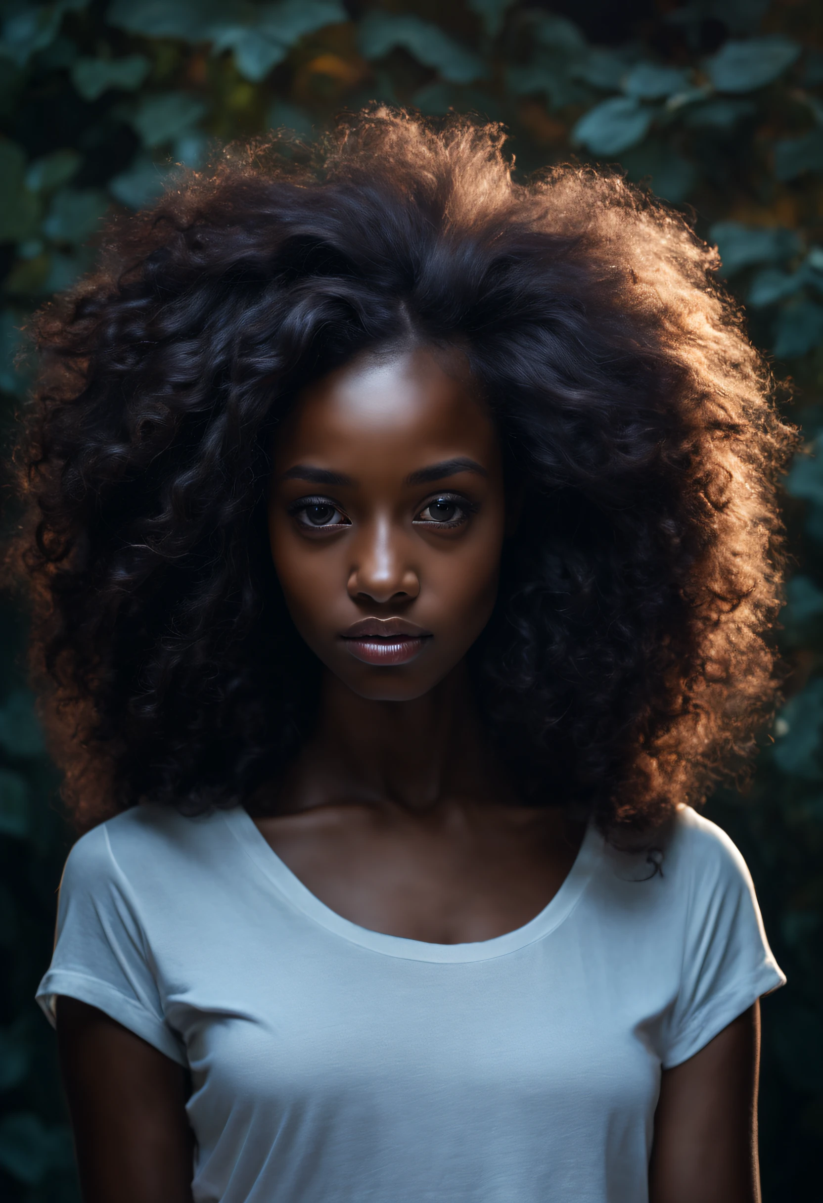 portrait shot, ein (young beautiful dark_skinned girl:1.2) (Inhalt, Lachender Gesichtsausdruck:1.3), Sich im Kreis drehen, (Realistisches Haar, Echtes Haar, Perfektes Haar, fotorealistisch, Fotorealismus, Foto, wirkliches Leben, ADDITIONAL DETeinILS:1.2), In a dimly lit monosphere, Gesicht von Ilya Kuvshinov