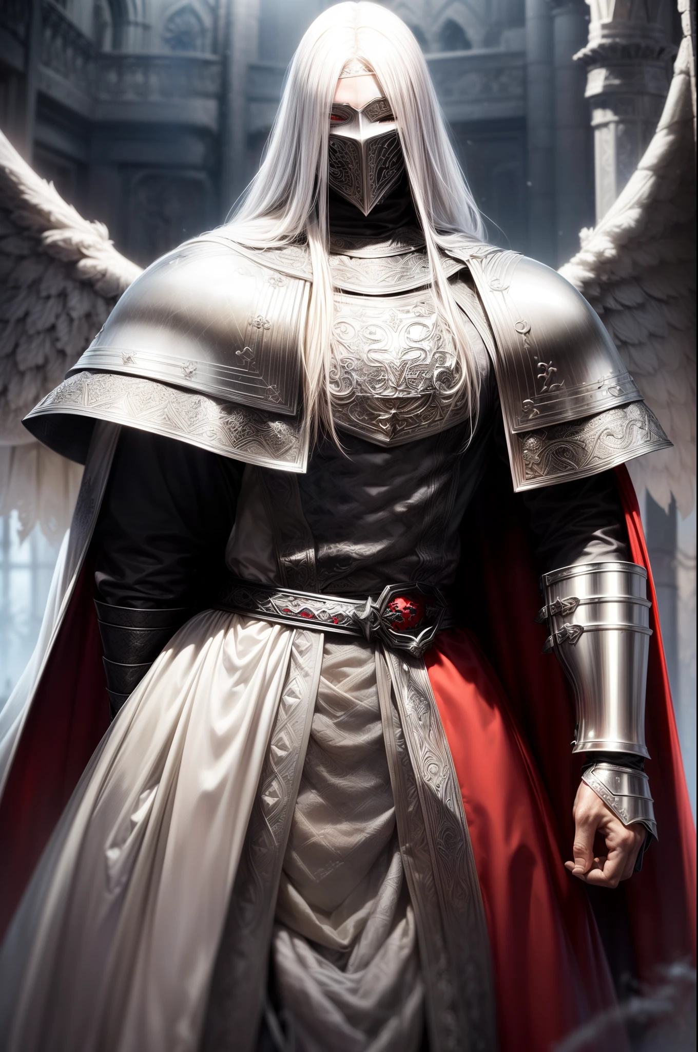 Man with white long hair and white wings, ((portraite of a)), ((beste-Qualit, hight resolution, ultradetailed), bright colours, ((((1 male)))), Male Knight, Male Paladin, Male character, grown up, tall muscular guy, wide shoulders, A Strong Character, Fantasy, dnd, Aasimar, person, Large wings behind the back, White Smooth Face Mask, (face mask), Mask on the whole face, Hides Eyes, hides the face, White long hair, white colored hair, slick hair, straight hair, Chain mail, chain mail armor, Fantasy armor, Creating an atmospheric atmosphere, knight, paladin, PaladinOathbreaker, Gothic armor, Portrait of a mysterious knight, Wearing Heavy Armor, pale skin, macabre, Gloomy design, Has red smoke and aura, evil knight, Fallen Knight, eldritch, Creepy, nightmarish, Epic Angel Wings, light around the head, red torn cloak, Additional lighting, whitebackground, Snow in the background, Fire Trail Behind