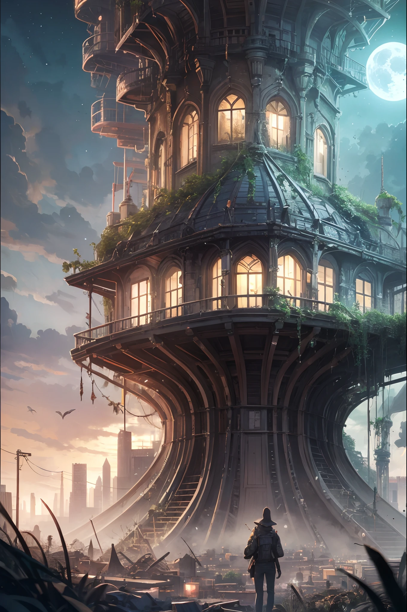 Enter the mysterious nighttime expanse of a deserted city, where moonlight cascades down on the skeletal remains of wooden structures, intertwined with the sturdy tendrils of jungle vegetation. Arriba, The cosmic tapestry is interrupted by the great spaceship. A surreal alliance of desolation and extraterrestrial presence unfolds beneath the twin moons, creating an enigmatic atmosphere over the abandoned cityscape --auto --s2