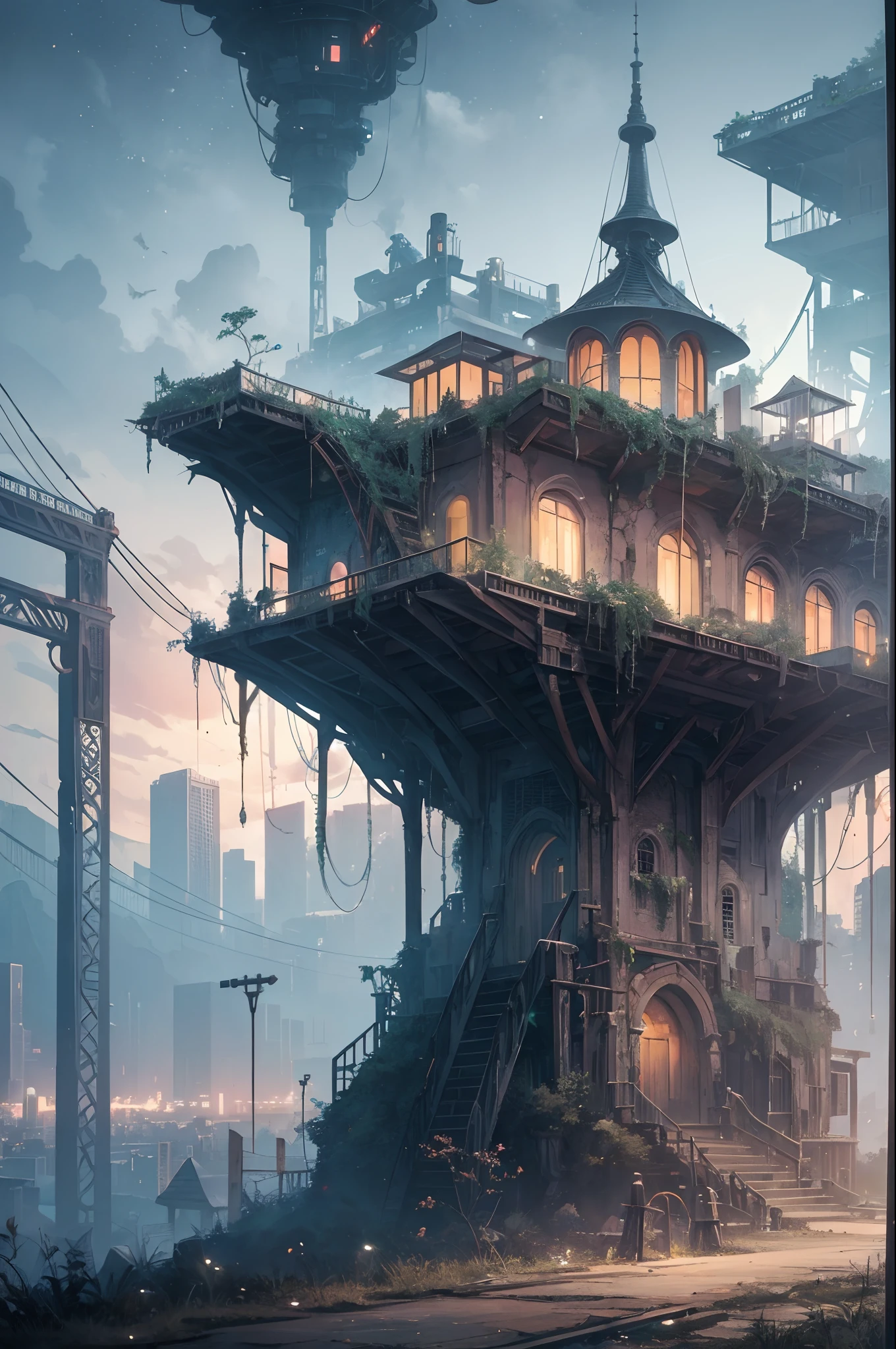 Enter the mysterious nighttime expanse of a deserted city, where moonlight cascades down on the skeletal remains of wooden structures, intertwined with the sturdy tendrils of jungle vegetation. Arriba, The cosmic tapestry is interrupted by the great spaceship. A surreal alliance of desolation and extraterrestrial presence unfolds beneath the twin moons, creating an enigmatic atmosphere over the abandoned cityscape --auto --s2