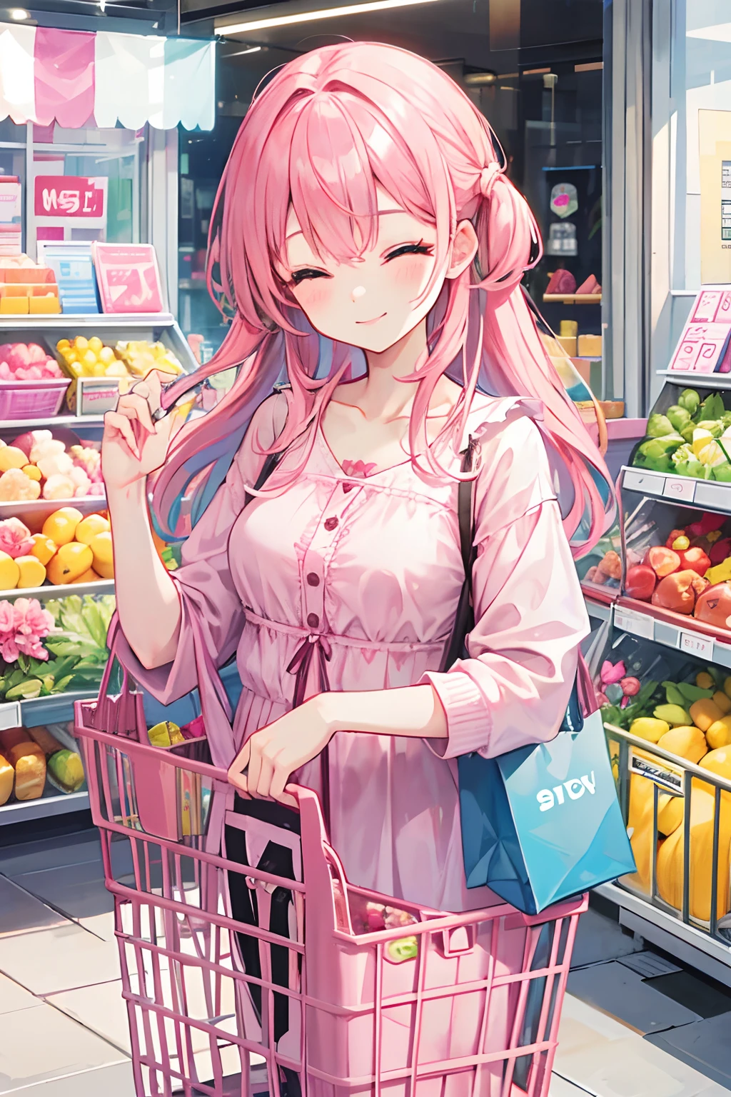 smiling close eyes pink hair girl with a shopping basket