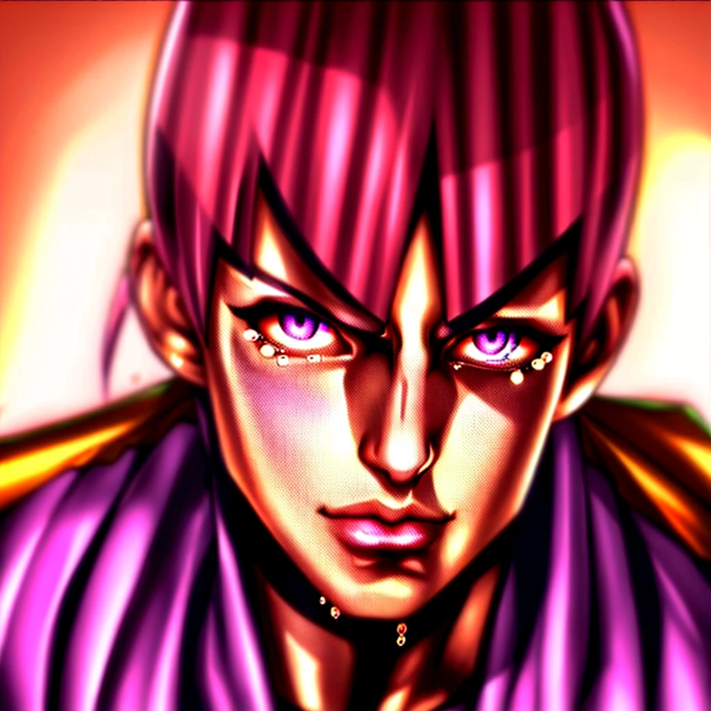 JoJo's Bizarre Adventure Character, Bust up, A Man,Pink Straight Short Hair, hairs between eyes,(Half-open prone eyes:1.3)),Thin eyebrows,(Tears from(( Right eye)):1.3),One large brown scar under his right eye,