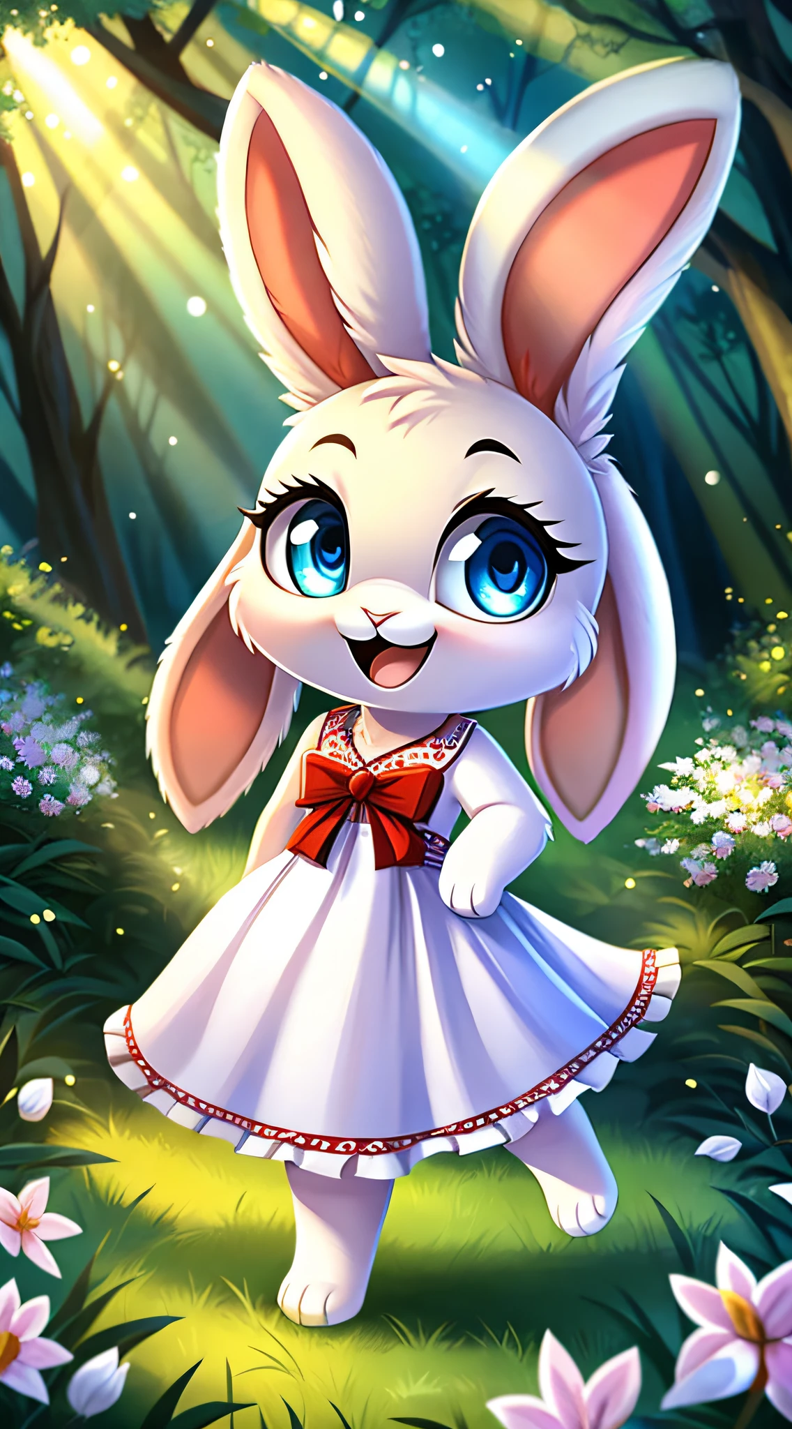 zoomed out image, fantasy style art, cute, adorable, short character, small, tiny little fluffy female white bunny with blue eyes, 4 ears, 2 extra ears, big floppy ears, long ears, ears perked up, raised ears, long eyelashes, poofy rabbit tail, wearing a red frilly ribbon dress, smiling, standing in a forest, big expressive smile, open mouth, wide eyes, excited eyes, excited face, stunning visuals, sunlight coming through the trees, white flowers scattered in the bushes, digital illustration