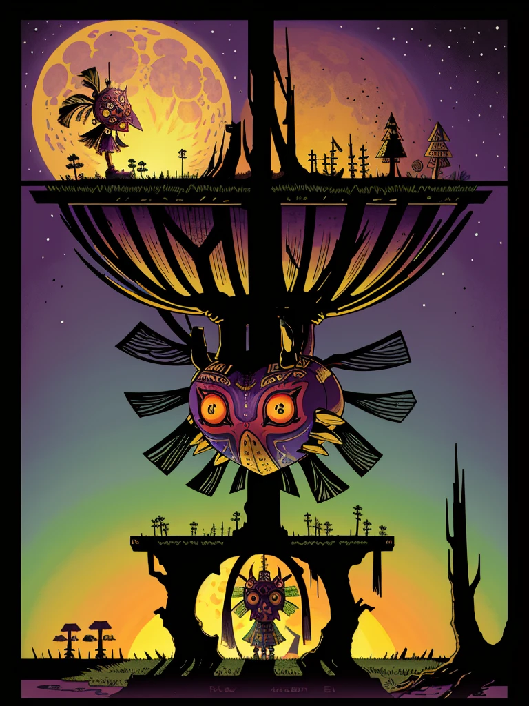 A detailed landscape of the legend of zelda majoras mask, (skull kid), a detailed giant moon falling, landscape, masterpiece, best quality, ocarina of time, lost woods, majoras mask