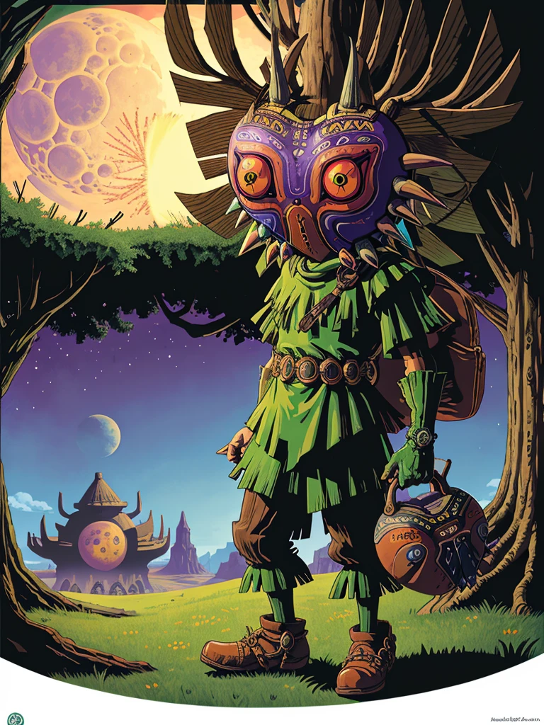 A detailed landscape of the legend of zelda majoras mask, (skull kid), a detailed giant moon falling, landscape, masterpiece, best quality, ocarina of time, lost woods, majoras mask