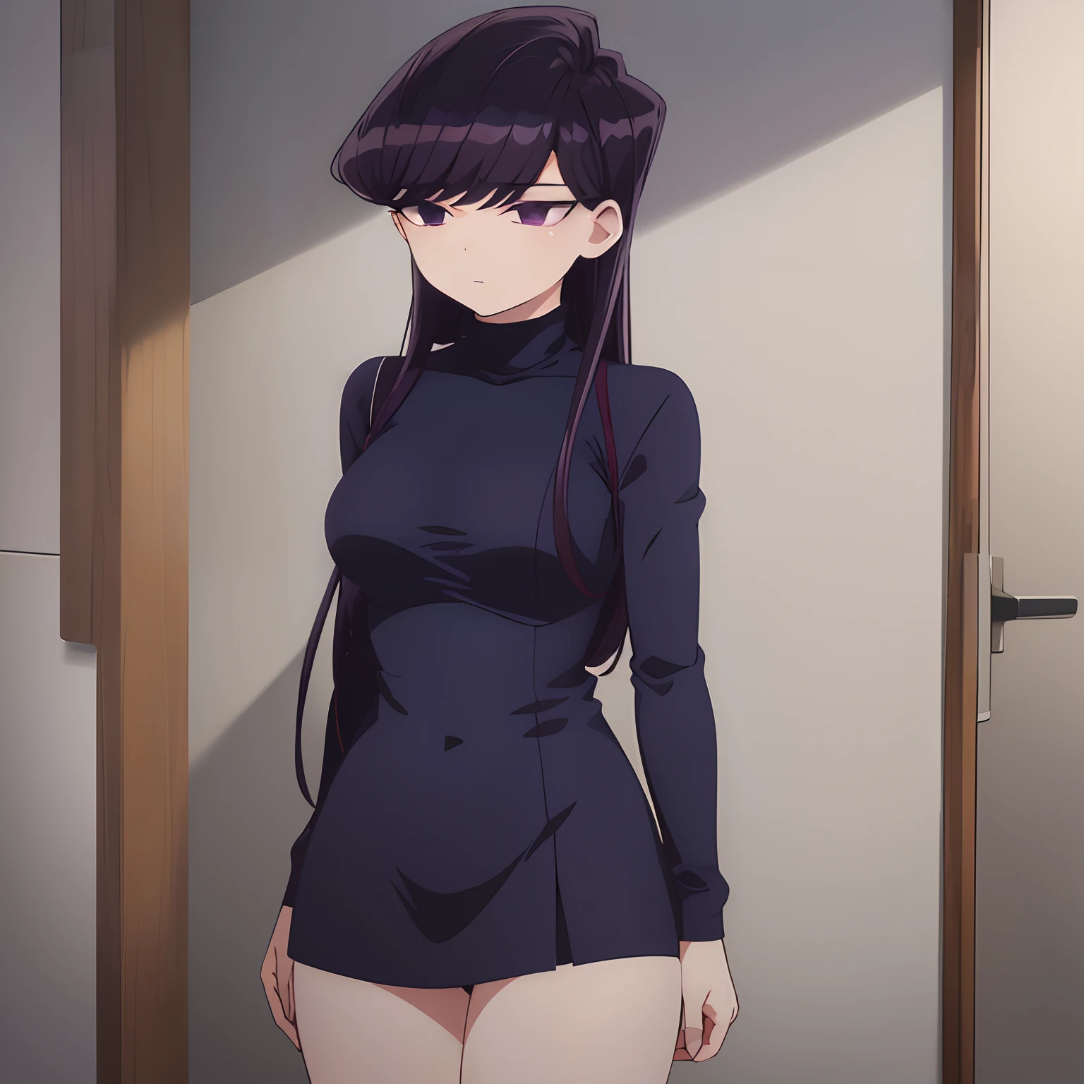 1 girl, alone, shoko komi, purple hair, purple eyes, long hair, looking at viewer, full body, navy blue dress, bangs, turtleneck dress, expressionless, turtleneck, portrait, closed mouth, masterpiece, best quality, medium breasts, medium hips, medium thighs