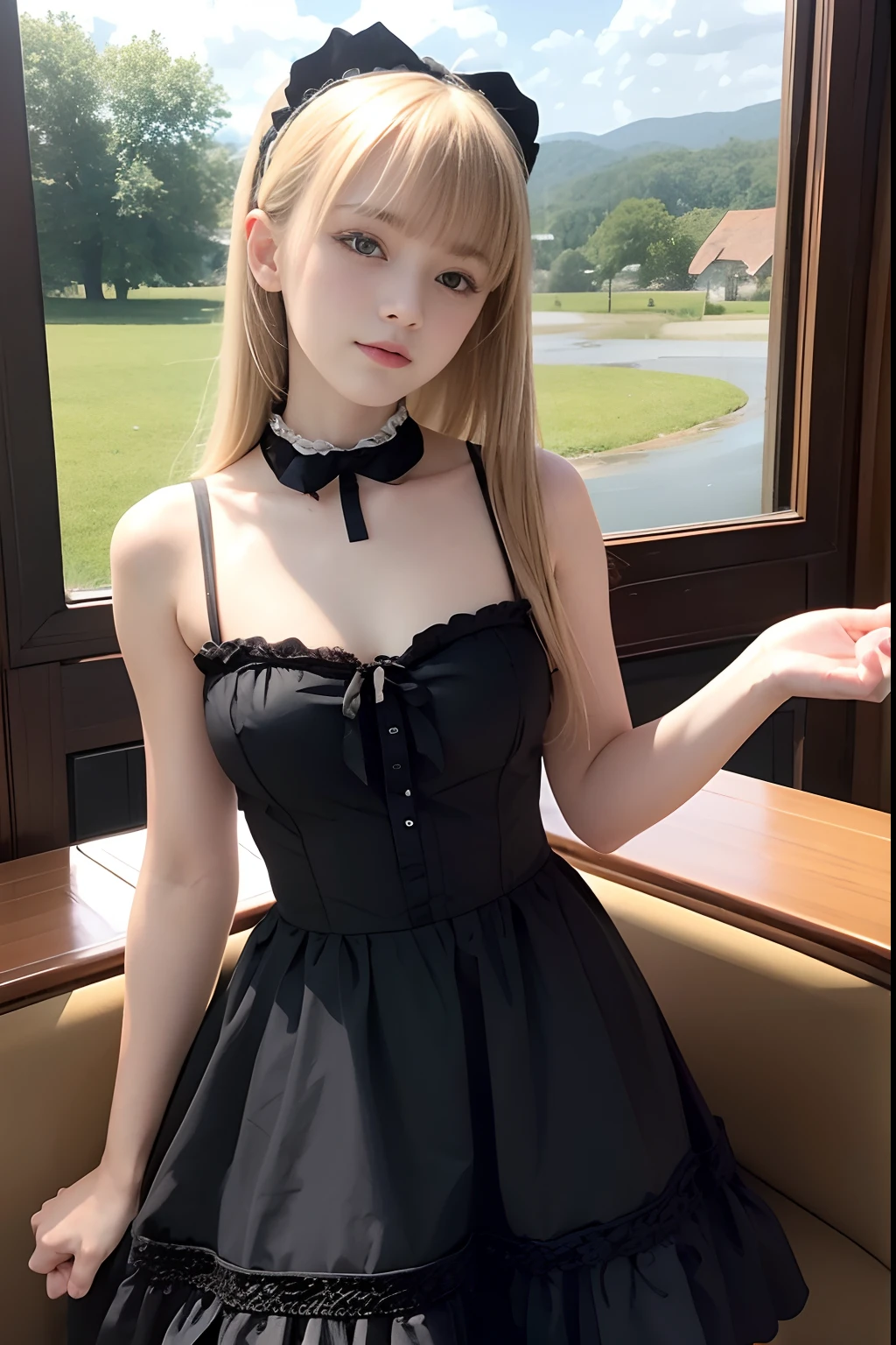 A girl,,pretty face,waitress,gothic and lolita camisole,european countryside,blonde,bangs bangs,muscular arms,maid