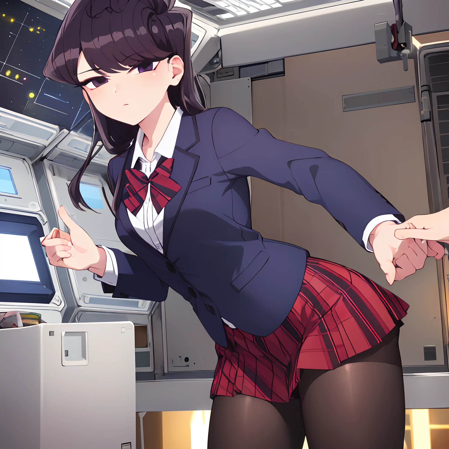 ((best quality)), ((highly detailed)), masterpiece, absurdity, (detailed eyes, deep eyes), (1girl), (alone), front view, dynamic pose, cowboy photo, Shoko komi, purple hair , long hair, bangs, purple eyes, expressionless, school uniform, jacket, red bow, red skirt, pantyhose, loafers, (indoors, on a space station, space, stars), medium breasts, medium hips, medium thighs