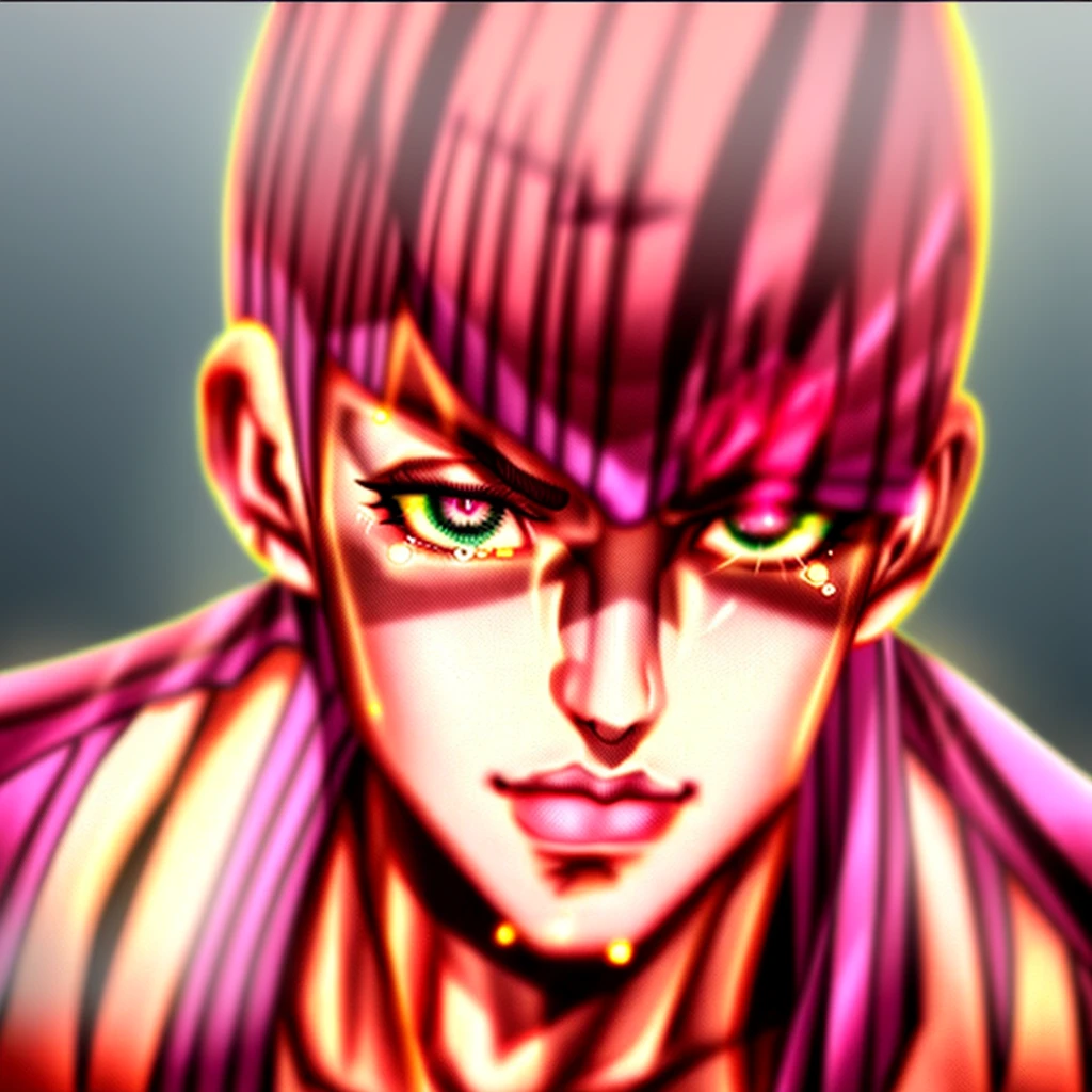 JoJo's Bizarre Adventure Character, Bust up, A Man,Pink Straight Short Hair, hairs between eyes,(Half-open prone eyes:1.3)),Thin eyebrows,(Tears from(( Right eye)):1.3),One large brown scar under his right eye,