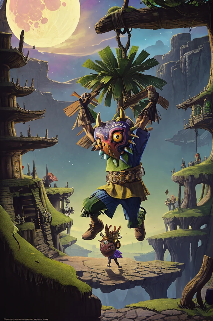 A detailed landscape of the legend of zelda majoras mask, (skull kid), a detailed giant moon falling, landscape, masterpiece, best quality, ocarina of time, lost woods, majoras mask