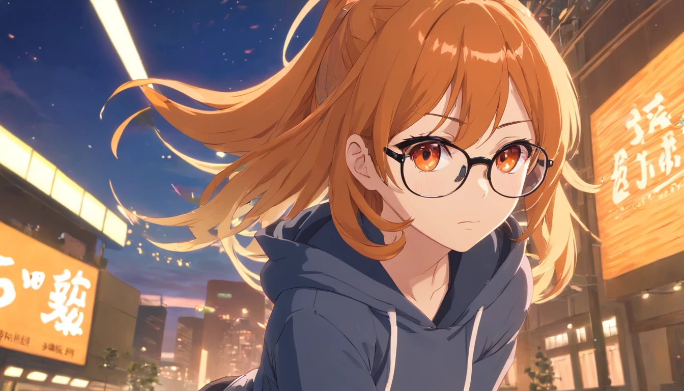 masterpiece、top-quality、Movie stills、1 female、Orange hair、Colossal tits、Huge ass、Fitting black leggings、yellow eyes、thick thighs、Long wavy hair、wide hips、Thigh muscles、Strong thighs、White hoodie 、(Spark:0.7)、suits、eye glass、s Office