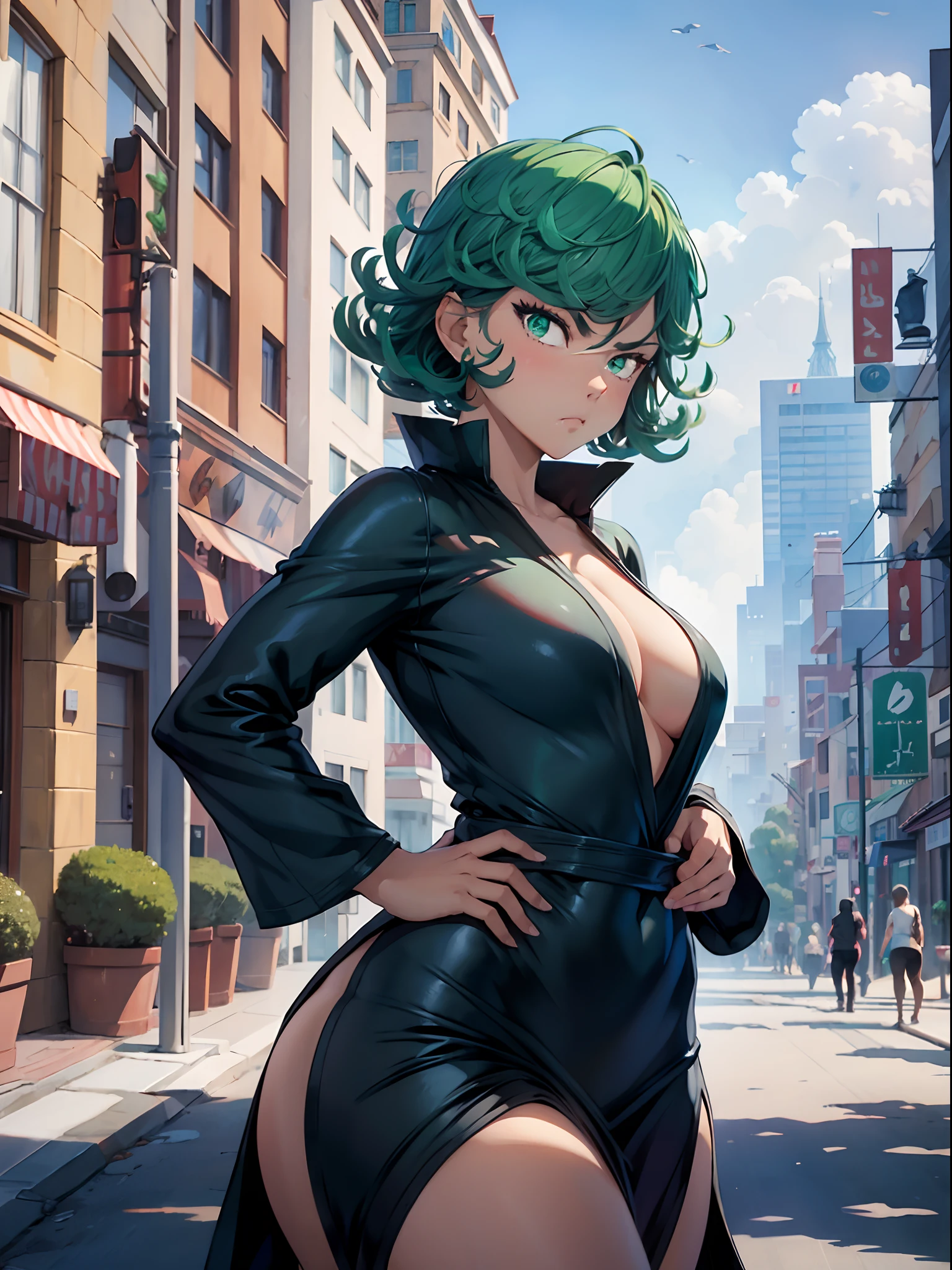 1girl, short green hair, green eyes, ((black dress, standing, hands on hips, angry face, gift in hand, looking away, in a street)), curvy figure, overlooking city, blush, day 

BREAK 

(((Masterpiece))), ((Highly detailed character)), ((perfect eyes)), ((perfect face)), ((best quality)), ((perfect hands)), high resolution, highly detailed image, thick thighs 

BREAK 

Beautiful background, volumetric lighting,