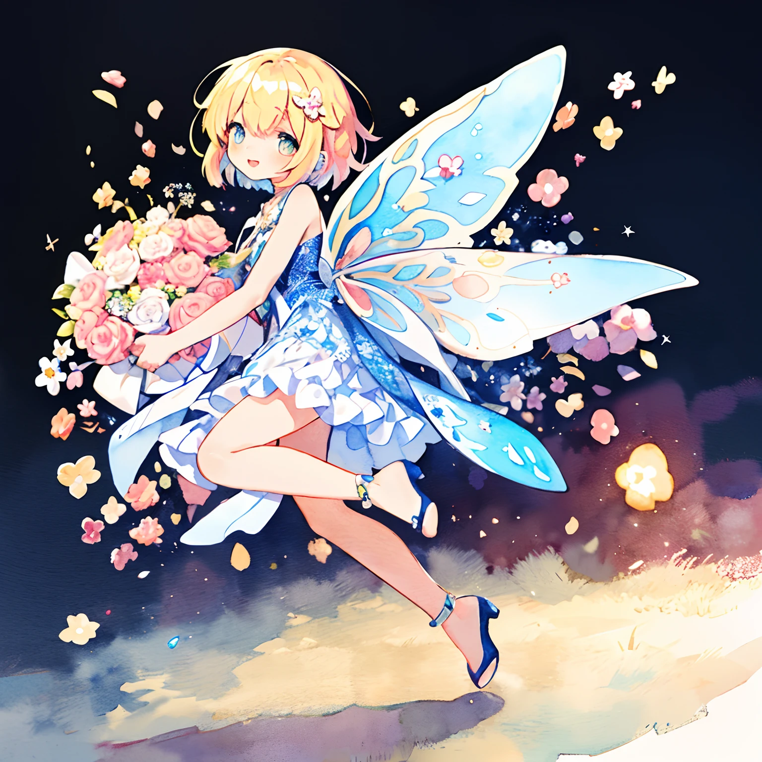(Filled with music、♬a backdrop of、Holding a guitar:1.5)、guitar:1.3、Detailed background、1girl in:1.3、full body Esbian:1.1、Smile with open mouth、Beautifully detailed、Moya、colourfull、marble、Particles of light、patterns、 Detailed drawing、Vibrant colors、striking contrast、intricate detailes、Delicate depiction、Luminescent、full body Esbian、From the side、Beautiful facial features、Brightly colored eyes、Wearing intricate and delicate ornaments、glowing aura、Radiant hair,Morning light、ナッツと栗と🍄の花輪、、Fairy with a bouquet of flowers、Fancy Fairy、(Braids:1.3)、(Wearing fairy wings made of lace:1.5)、(Orange hair、orange:0.9)、(PastelColors:1.2)、(Cute illustration:1.2)、(watercolor paiting:1.2)、(1girl in:1.0)、White morning background:1.3、side from