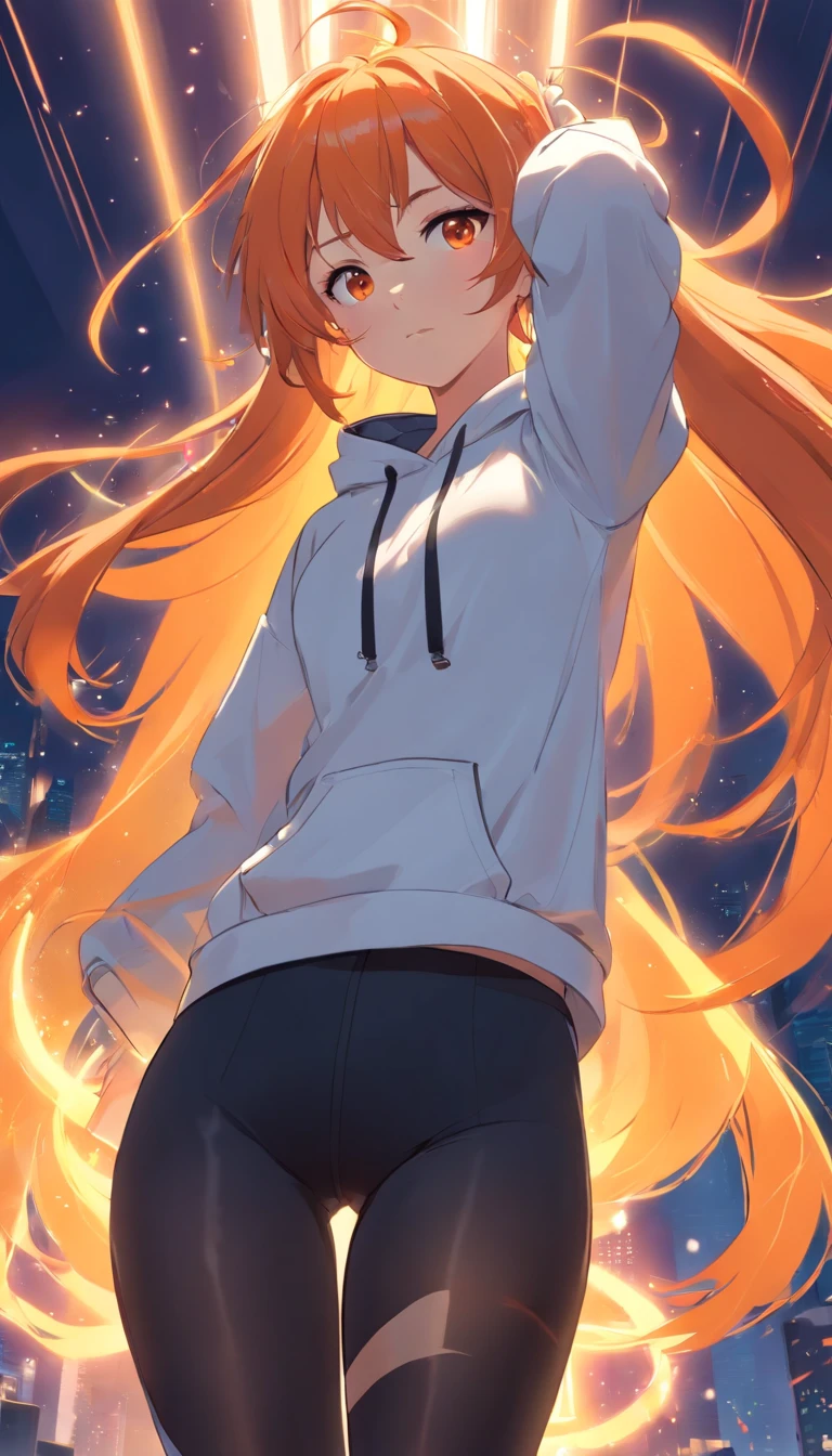 masterpiece、top-quality、Movie stills、1 female、Orange hair、Colossal tits、Huge ass、Fitting black leggings、yellow eyes、thick thighs、Long wavy hair、wide hips、Thigh muscles、Strong thighs、White hoodie 、(Spark:0.7)
