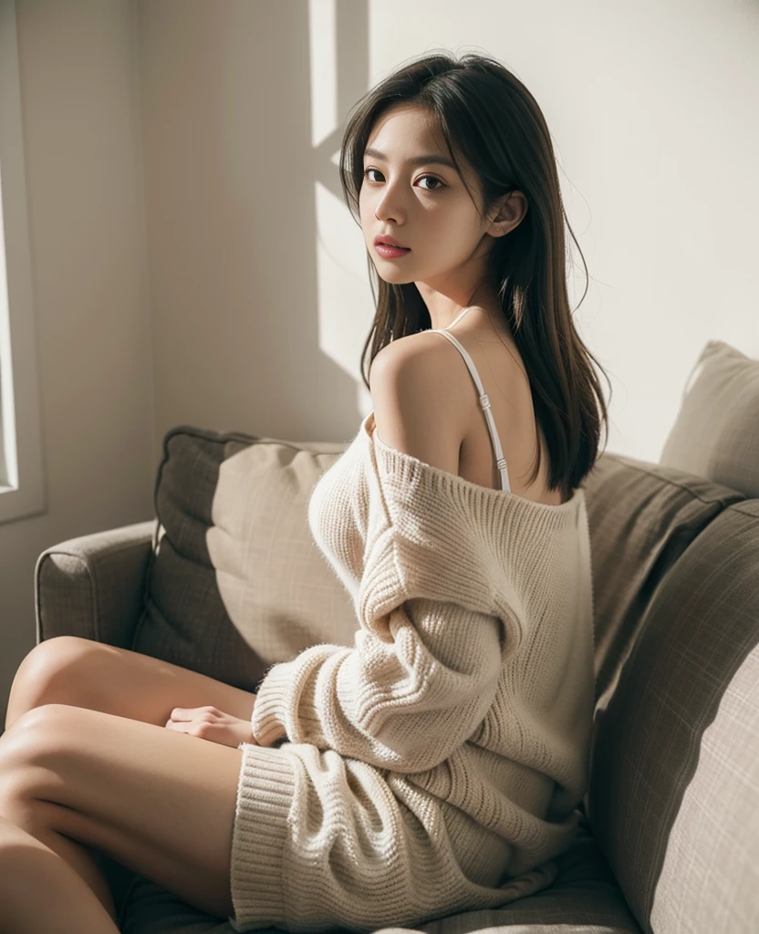 1girl in,Sitting on a cozy sofa,Soft light、Rim Lights、beautiful shadow、lowkey、(Photorealsitic、Raw foto:1.2)、(natural skin textures、realistic eyes and face details)、Hyper-Realism、超A high resolution、4K、top-quality、(cleavage of the breast:0.4)、The whole body is reflected、girl with、Overjacket、barechested、white walls、Leaning against the wall、no-makeup、