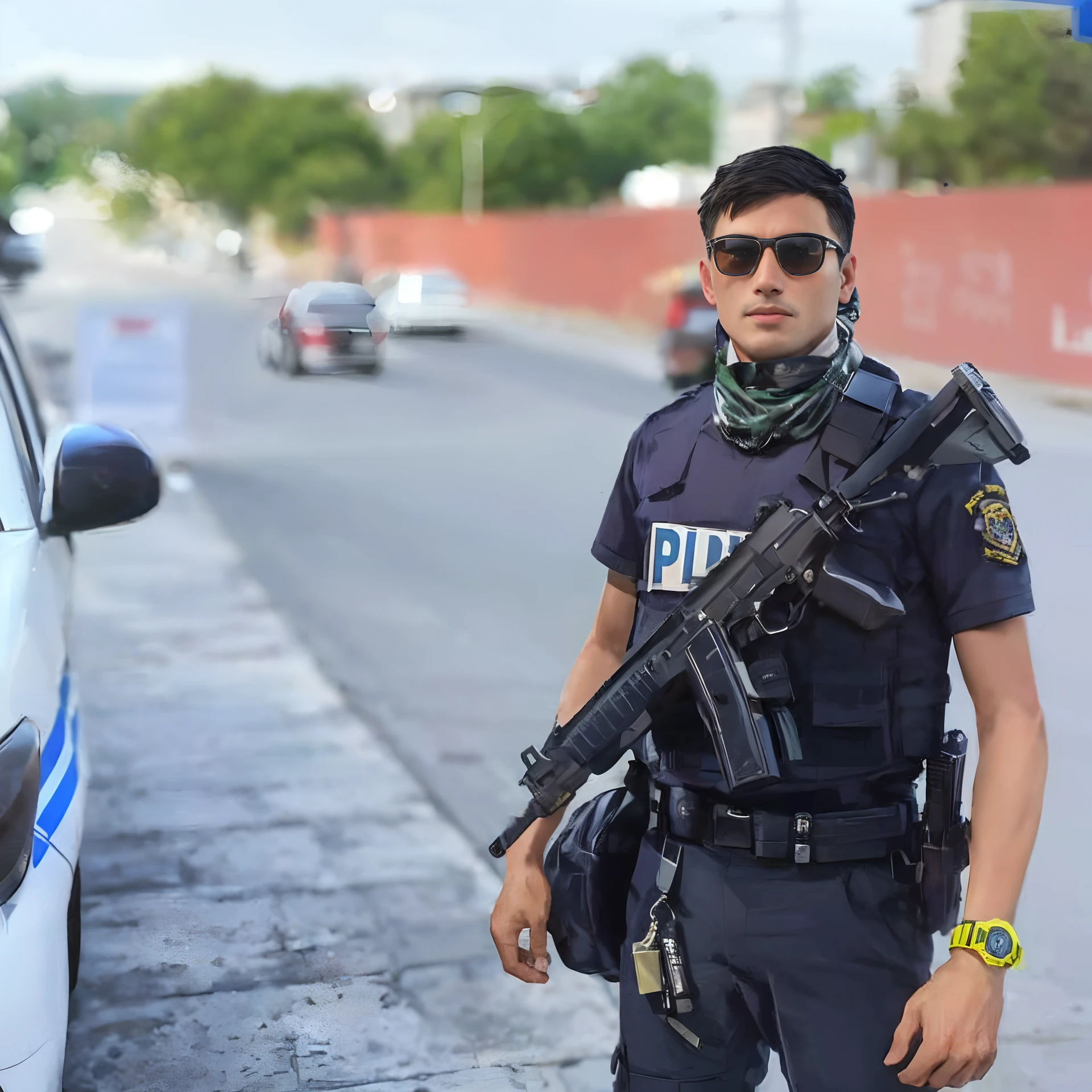 arafed man in a police uniform standing next to a police car, police officer, security agent, military police, police, police man!!, policeman, officer, john jude palencar, 🕹️ 😎 🔫 🤖 🚬, wearing a police uniform, holding pdw, by Andrée Ruellan, police calling for back up, cop