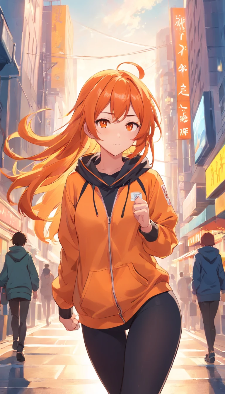 masterpiece、top-quality、Movie stills、1 female、Orange hair、Colossal tits、Huge ass、Fitting black full-body leggings suit、yellow eyes、thick thighs、Long wavy hair、wide hips、Thigh muscles、Strong thighs、White hoodie 、(Spark:0.7)