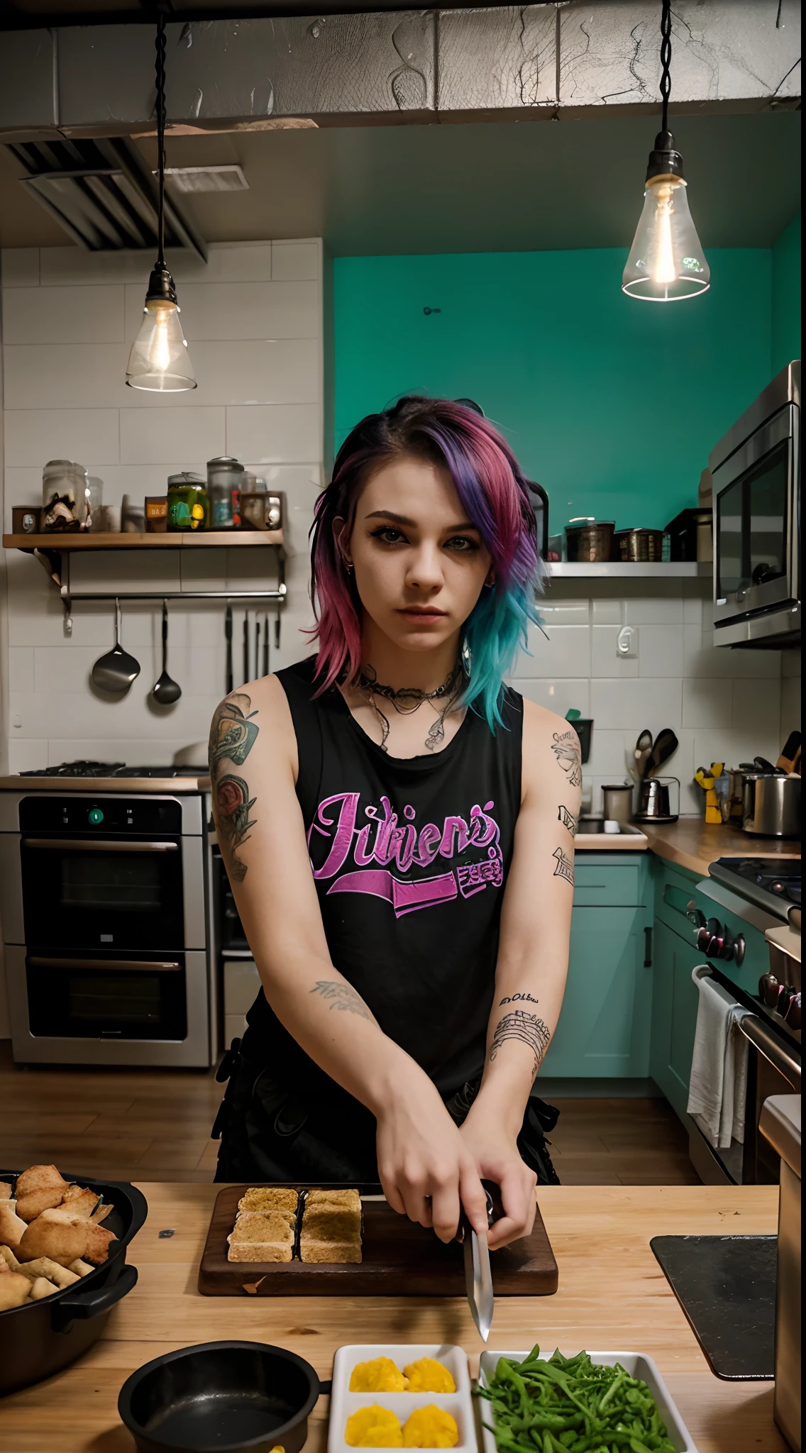 A girl and a boy cooking together in the kitchen, back to back, looking at the camera with intense expressions. They are wearing punk-style clothes and have colorful hair, such as neon green and bright pink. The girl has beautiful detailed eyes with long eyelashes, and the boy has vibrant blue eyes. They both have piercings and tattoos on their arms. The kitchen is filled with various cooking utensils and ingredients, including pots, pans, knives, and chopping boards. The walls are decorated with posters of punk bands and graffiti art. The lighting is dim, with colorful neon lights hanging from the ceiling, creating a cool and edgy atmosphere. The overall image quality is best, with ultra-detailed features and realistic rendering. The colors are vivid and vibrant, with a touch of grunge and punk aesthetics.