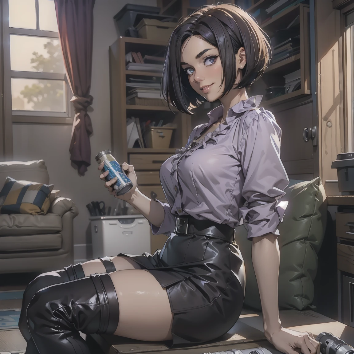 Highest quality, high resolution, looking at viewer, ((1 woman)), with chin length hair, short hair, dark bob cut, thick hair, center part, stacked bob, voluminous hair, in her 30s, purple blouse, calf length skirt, dark stockings, and calf boots, baggy blouse, wrinkled clothing, perfect skin, beautiful, detailed face, (she is holding a roll of duct tape),  (POV she is handing you a roll of duct tape1.5), seductive smile,  photo realistic, video game cut scene, smooth, Insanely detailed, cinematic, anime, award wining, masterpiece, super detail, detailed background, anatomically correct, best quality, 16k , （tmasterpiece：1.3), extremely Clear, Wide_Shot, various angles,