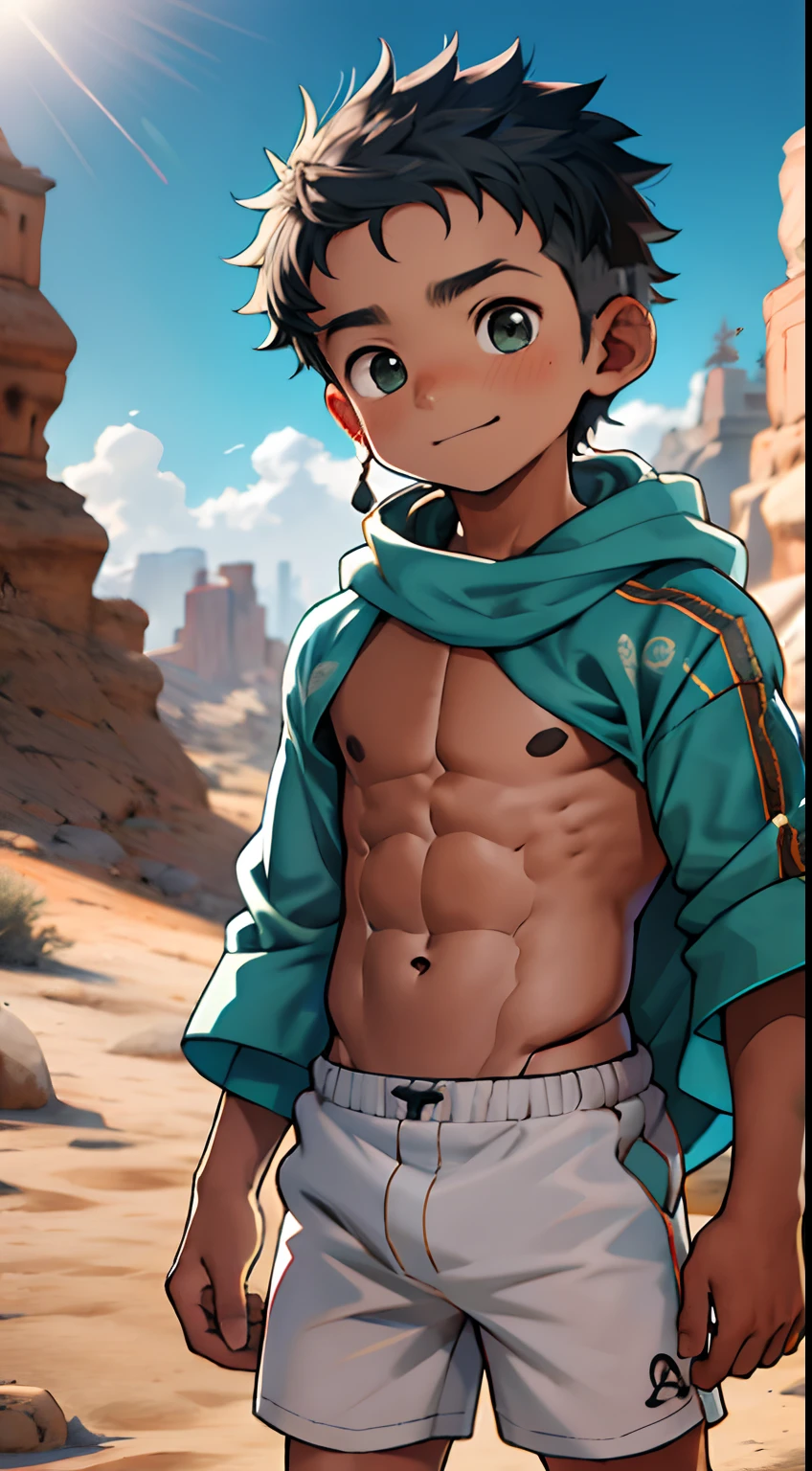 (masutepiece, best quality)garoto ,grandes bolas e bainhas,(penile erection:1.7),Uma obra-prima da pele com veias,1st grade,(menino ovo,child's face,cara de menino),a bab,infancy,Face lateral,Nu sentado no deserto,infancy,pouca idade,Rosto curto e redondo,Queixo achatado,Rosto finamente detalhado,beige shorts,bem musculoso,cabelos curtos,Olhos Radiante,abre bem os olhos,com um intrincado,Esbian de corpo inteiro,nudez,Resumo Teal,Abdominal pectoral muscles,Cores vivas,(profundidade de campos:1.2),(Abs),olhando para o espectador,Retrato de corpo inteiro de um leve sorriso
