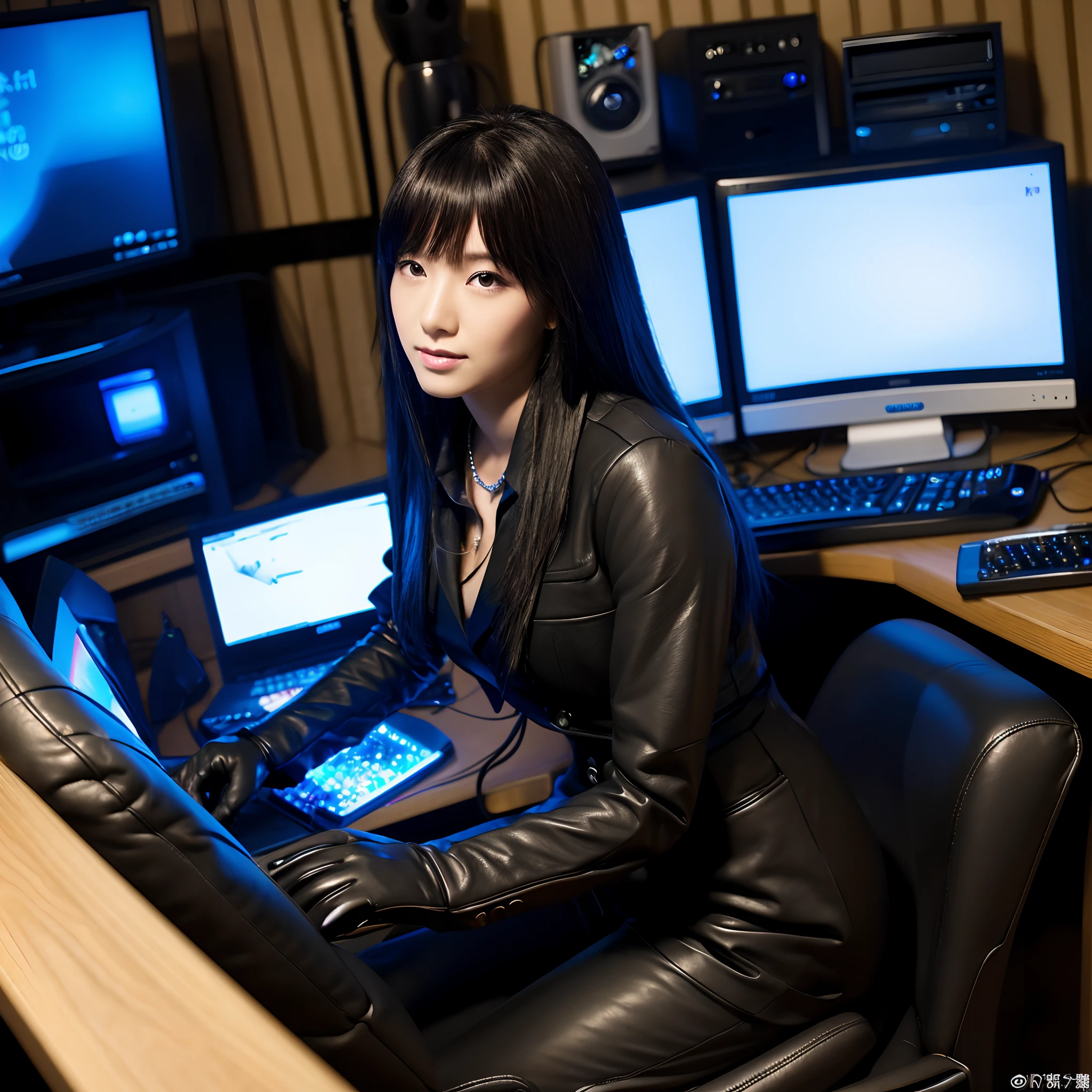 Upper body: Wearing a black business suit, Facing the desk in my room with a computer in the dark, Tapping the keys on the computer keyboard with the fingertips of black leather gloves while looking at the screen,Sitting on a large chair with a black leather backrest、 Black hair was tied back for a long time, Japan Female New Employees (Black leather gloves cover both hands) (The angle is frontal)