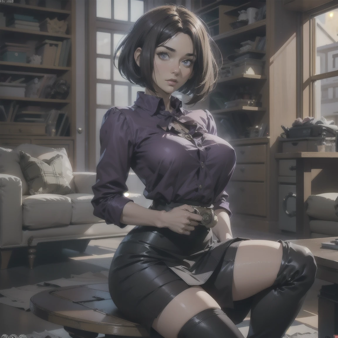 Highest quality, high resolution, looking at viewer, ((1 woman)), with chin length hair, short hair, dark bob cut, thick hair, center part, stacked bob, voluminous hair, in her 30s, purple blouse, calf length skirt, dark stockings, and calf boots, baggy blouse, wrinkled clothing, perfect skin, beautiful, detailed face, photo realistic, video game cut scene, smooth, Insanely detailed, cinematic, anime, award wining, masterpiece, super detail, detailed background, anatomically correct, best quality, 16k , （tmasterpiece：1.3), extremely Clear, Wide_Shot, various angles,