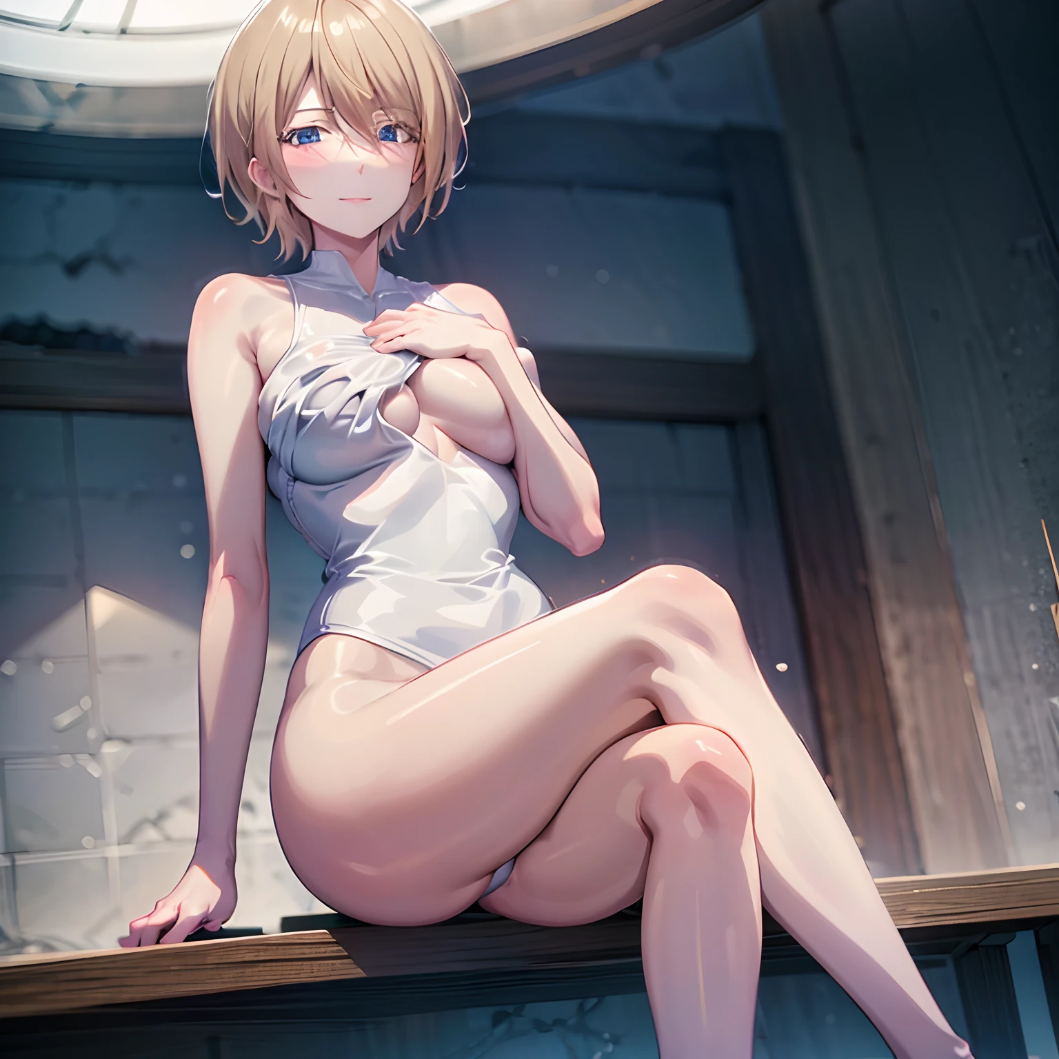 1 girl, alone, akane hououji, looking at viewer, short hair, blue eyes, blonde hair, hair between eyes, bare shoulders, medium breasts, medium hips, wide thighs, naked, sitting, legs crossed, feet, toes , smile, lips parted, completely naked, covering breasts, both hands on own chest, breasts, Dutch angle, hand on both breasts