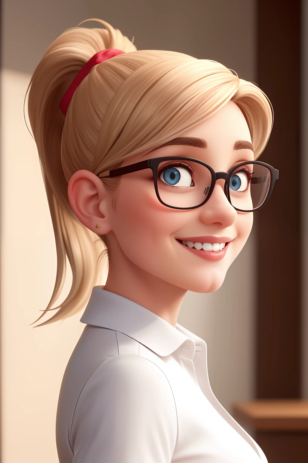 Uma mulher de 34 anos, com cabelos castanhos curtos, Rosto redondo, rosto redondo com sorriso encantador, e olhos castanhos claros, wears glasses and a ponytail, wearing glasses.