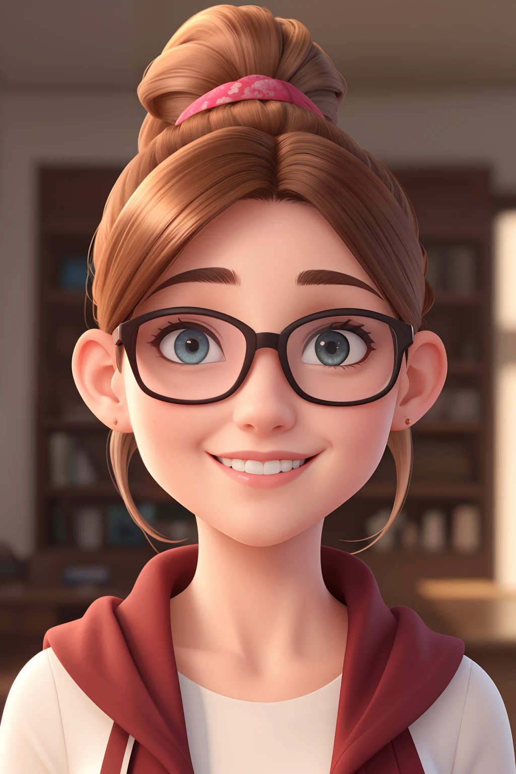 Uma mulher de 34 anos, com cabelos castanhos curtos, Rosto redondo, rosto redondo com sorriso encantador, e olhos castanhos claros, wears glasses and a ponytail, wearing glasses.