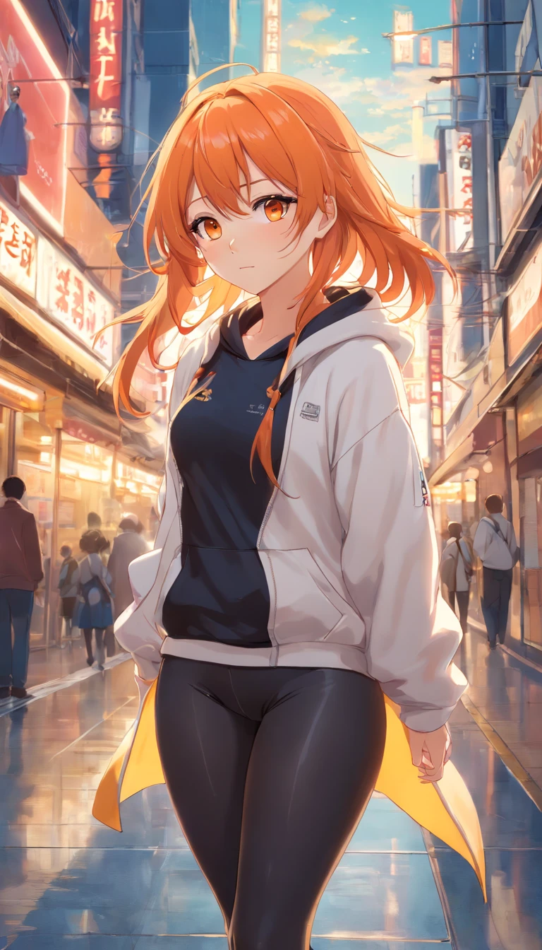 masterpiece、top-quality、Movie stills、1 female、Orange hair、Colossal tits、Huge ass、Fitting black leggings suit、yellow eyes、thick thighs、Long wavy hair、wide hips、Thigh muscles、Strong thighs、White hoodie 、(Spark:0.7)、eye glass、White cap