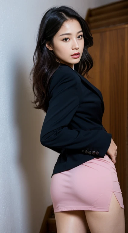 She is high on the stairs, the photographer is low.short coat、bottom body close up、View from behind、Very low camera angle:The Dog's Eye View、Slouched.Panties in a skirt.She turns around and looks at the cameraman.Panties are inside the skirt.Detailed face rendering.Serious expression.Her gaze is fixed on the camera. (Sensual gaze on the photographer, lips slightly open).(reality).Raw photo.Perfect Anatomy.Sensual beauty.A Japanese Lady(40 years old). She is climbing the stairs.(Tight-skirted business suits).