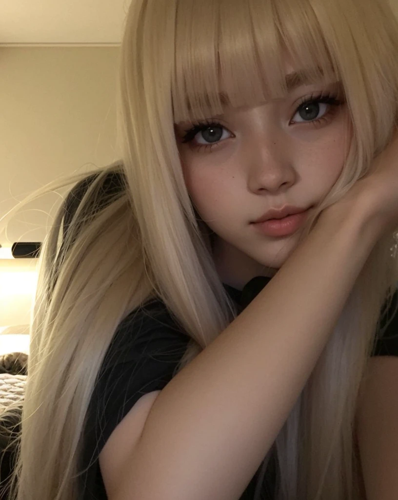 Menina de cabelos loiros com cabelo longo posando para uma foto, O corte Hime, Shikami, Lalisa Manobal, Junko Enoshima, very very pale blond hair, branco hime corte penteado, extremely pale blond hair, com cabelos longos brancos, Lalisa Manoban do Blackpink, Ilya Kuvshinov com cabelo longo, com longos cabelos loiros