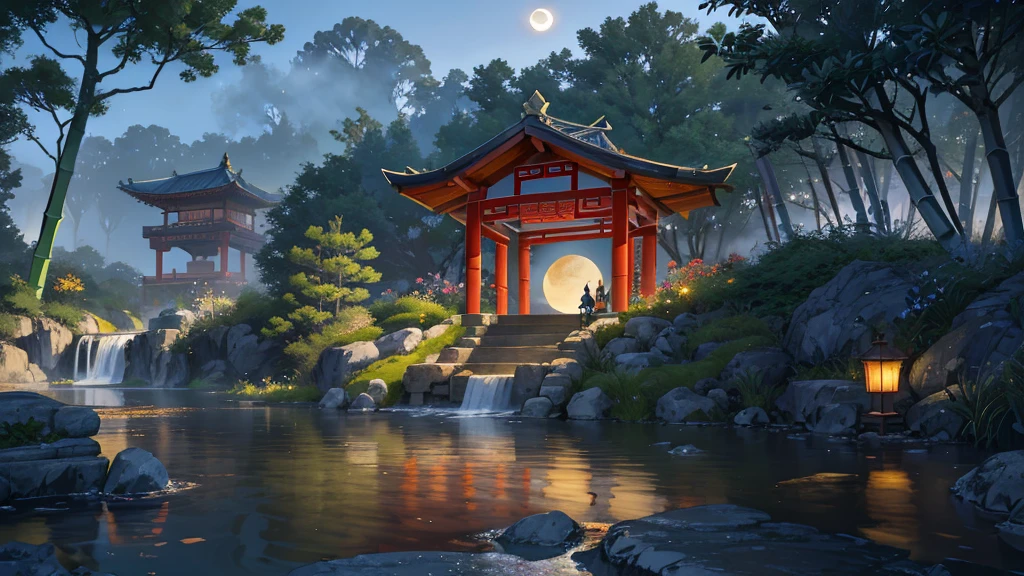 Ancient Chinese architecture, cool colors, dark night, moon, garden, bamboo, lake, stone bridge, rockery, arch, corner, tree, running water, landscape, outdoor, waterfall, grass, rock, dense fog, (Illustration: 1.0) , Epic Composition, HD Details, Masterpiece, Best Quality, (Very Detailed CG Unity 8k Wallpapers) --v 6