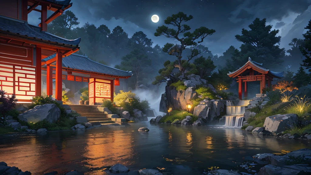 Ancient Chinese architecture, cool colors, dark night, moon, garden, bamboo, lake, stone bridge, rockery, arch, corner, tree, running water, landscape, outdoor, waterfall, grass, rock, dense fog, (Illustration: 1.0) , Epic Composition, HD Details, Masterpiece, Best Quality, (Very Detailed CG Unity 8k Wallpapers) --v 6