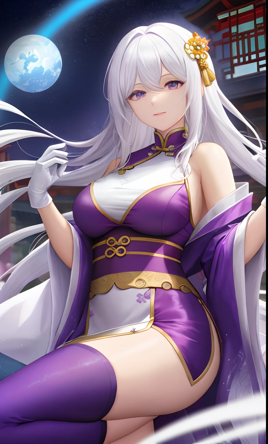 A woman，Watching the view，，White hair，Wear purple robes，Long white gloves are worn on the elbows(Must be above the elbow)，There is a dragon behind him，Chinese Ancient Architecture