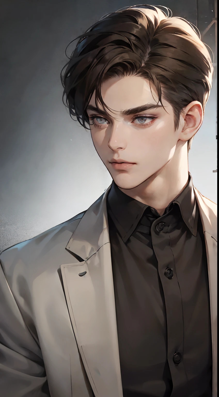 masutepiece, Best Quality, Realistic, 1man, matured male, Quiet and charming young man, 25 years old, closing eye, Serious look, extra detailed face, ((dark grey eyes)), ((Short right sweep dark brown hair)), [Thick eyebrows], detective, Plain background, ((Suit)), Cinematic lighting, gaze at the audience, Postural dynamics