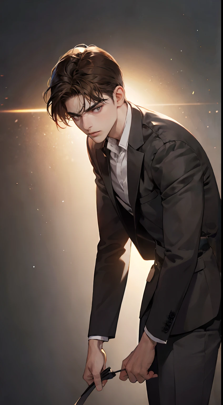 masutepiece, Best Quality, Realistic, 1man, matured male, Quiet and charming young man, 25 years old, closing eye, Serious look, extra detailed face, ((dark grey eyes)), ((Short right sweep dark brown hair)), [Thick eyebrows], detective, Plain background, ((Suit)), Cinematic lighting, gaze at the audience, Postural dynamics