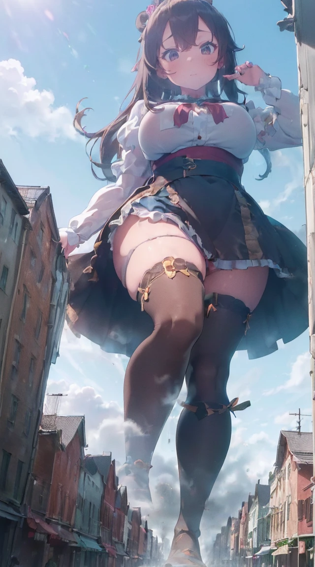 ((((A city in ruins at your feet)))),((((Kneeling)))),Fantastic,long legged,(((A Princess))),(((((Full body depiction))))),((((Randomly sexy poses)))),((((Beautiful soles))))、((((Five fingers on a beautiful sole)))),Big Chest Ribbon,((Teary-eyed)),((((((Colossal tits)))))),((embarrassed from)),Blushing,(((((,Big girl sitting on the roof of Cinderella's castle on the other side of the valley))))),((((lowfers)))),the Extremely Detailed CG Unity 8K Wallpapers,top-quality,ultra-detailliert,masterpiece,realisitic,Photo Real,Bright lighting,extremely detailed cute girl,18year old,Innocent big eyes,A detailed eye,(brown haired),(shorth hair),(bangss),flawless skin,shinny skin,fair white skin,Fine skin,((((large full breasts)))),((((((plump thighs)))))),((perfect anatomia,nice hand,perfect hand,Five fingers connected to the palm of the hand,accurate hands without incongruity)),Show off panties、pantyshot、(((Super Huge Girl Cute Princess Dress Costume、white colors)))、(((knee high socks))),front facing,(fumo),(fires),(((Rubble Town)))、Ground cracking,