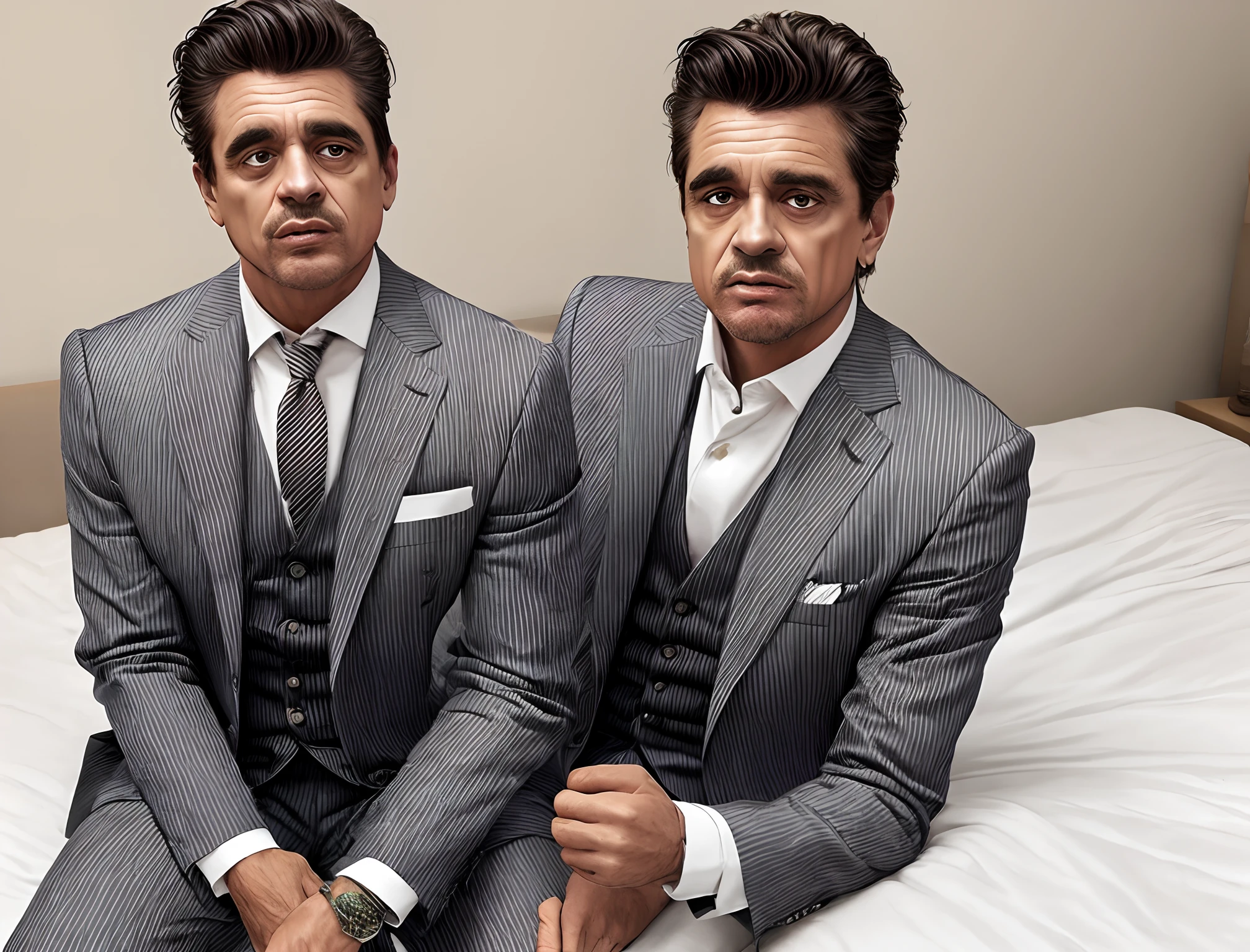 Scarface sitting on bed black striped suit
