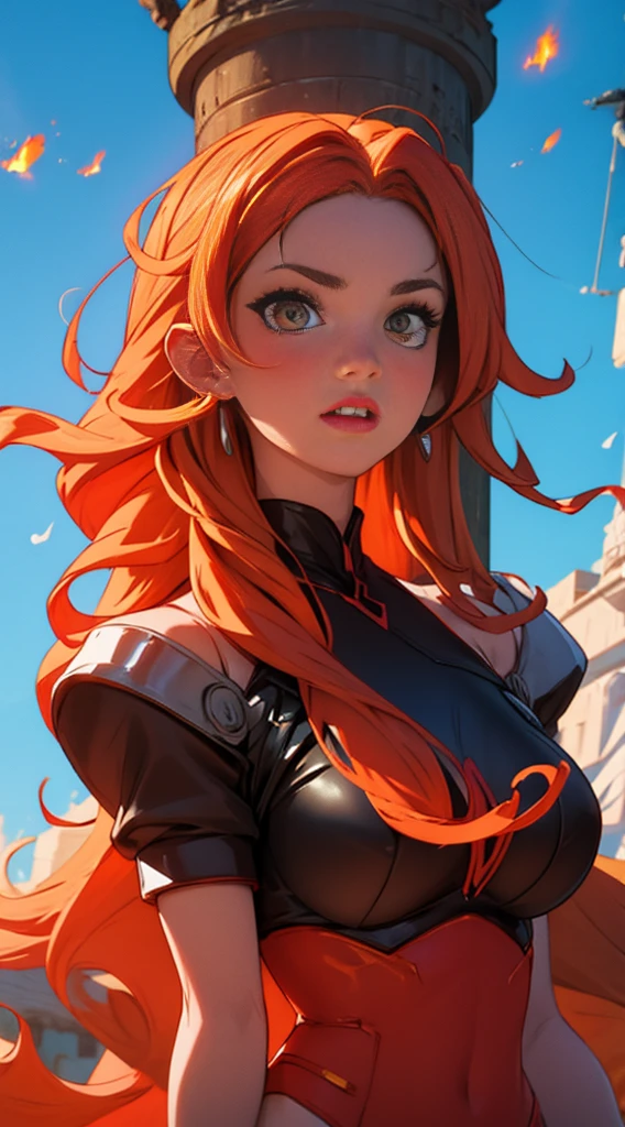 Goddess of fire. Red skin. Orange hair.