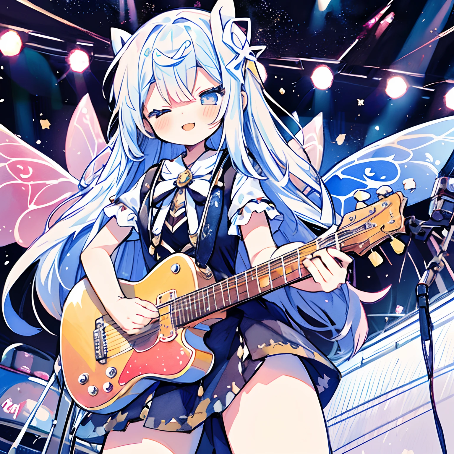 (Braids:1.3)、(Wearing fairy wings made of lace:1.5)、、stage、drum、Guitar、bass、ighly detailed、A smile、(PastelColors:1.2)、(Cute illustration:1.2)、(watercolor paiting:0.9)、(1girl in:1.0)、