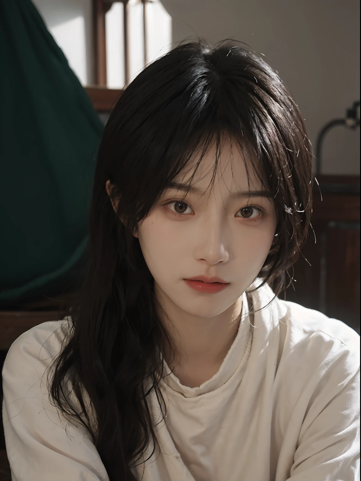 best qualtiy， 超高分辨率， （realisticlying：1.4）， A woman with long black hair and a gray sweater, 中景 the scene is, in a sunbeam，She has black hair，By bangs, young lovely Korean faces, wan adorable korean face, ulzzangs, Shin Jinying, beautiful aesthetic face, Korean face features, Played by Liu Lee Ji Eun ，Beautiful realistic face